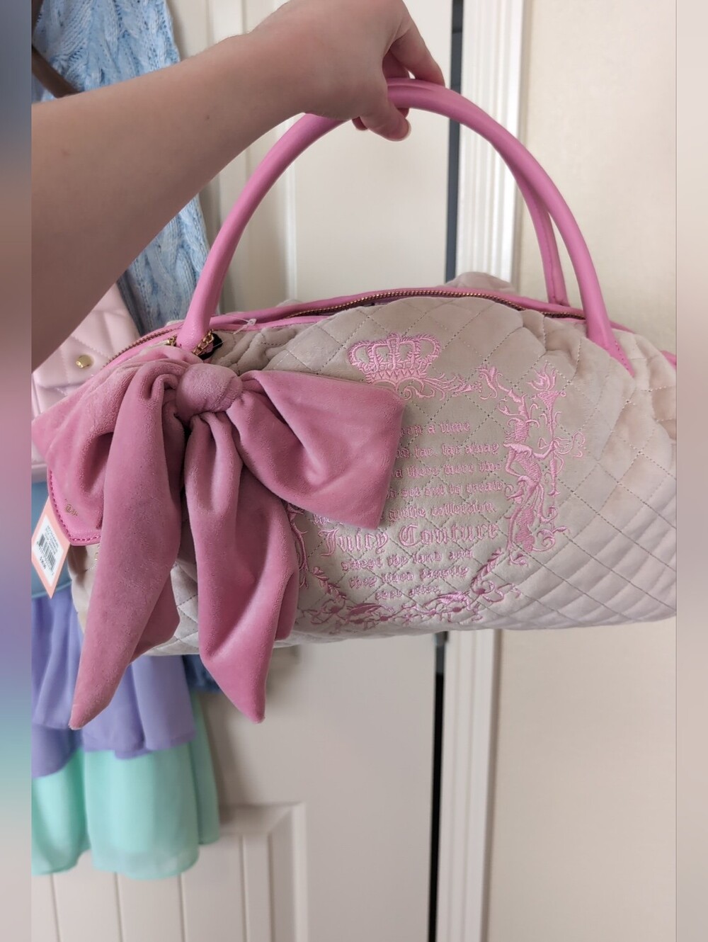 Juicy Couture Sandstone & Pink Quilted Bowler Satchel Y2K